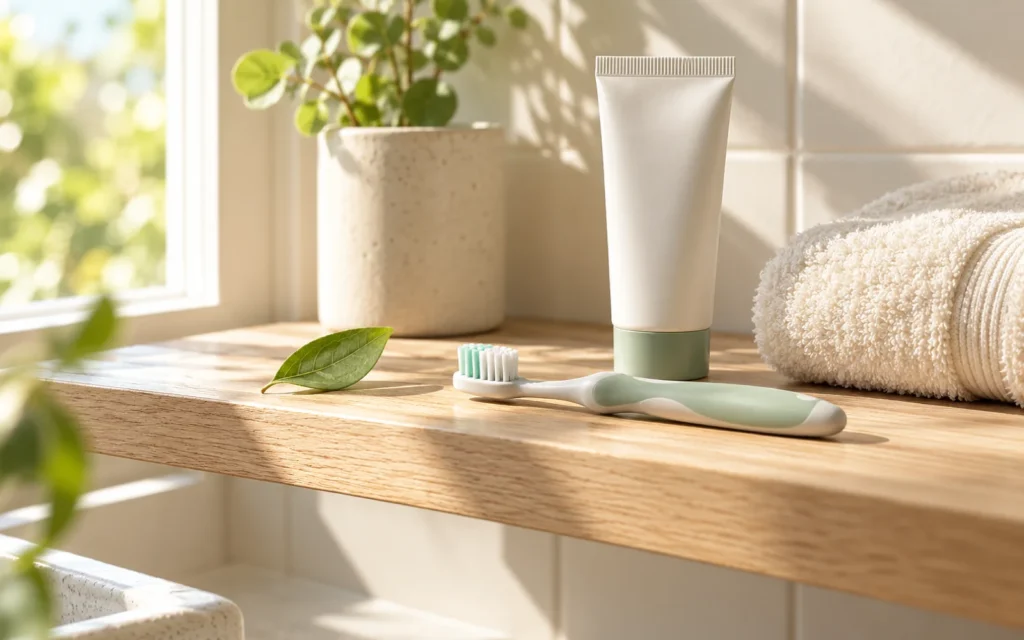 Une brosse à dents et un tube de dentifrice sans marque sur une étagère en bois clair