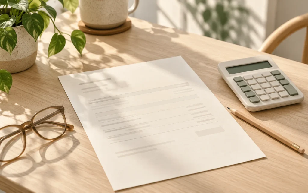 Une feuille sans texte lisible, une calculatrice et un crayon sur un bureau clair