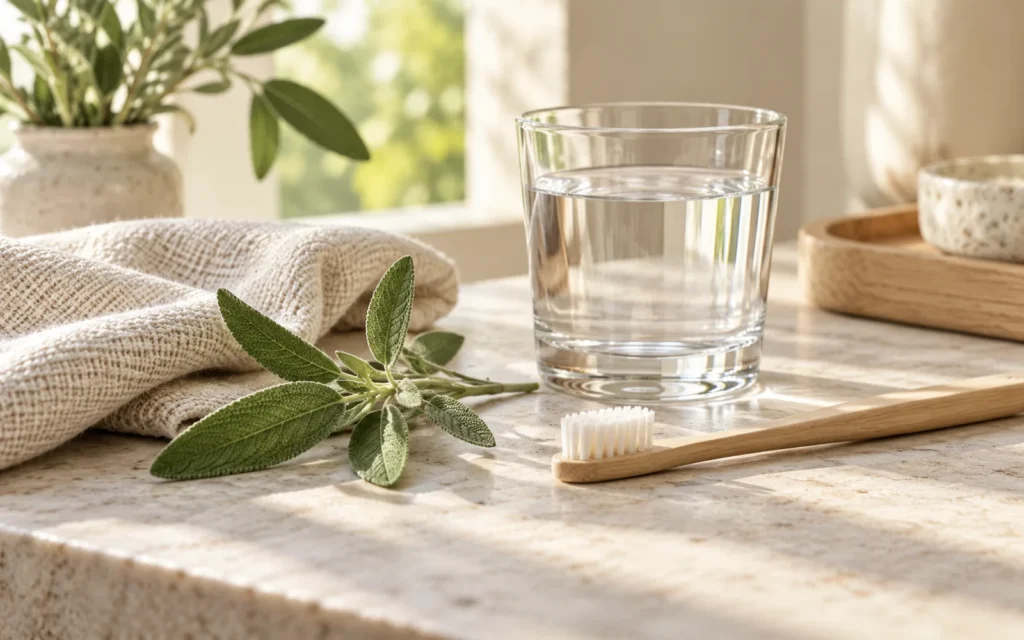 Un verre d’eau et une brosse douce dans une ambiance claire et apaisante