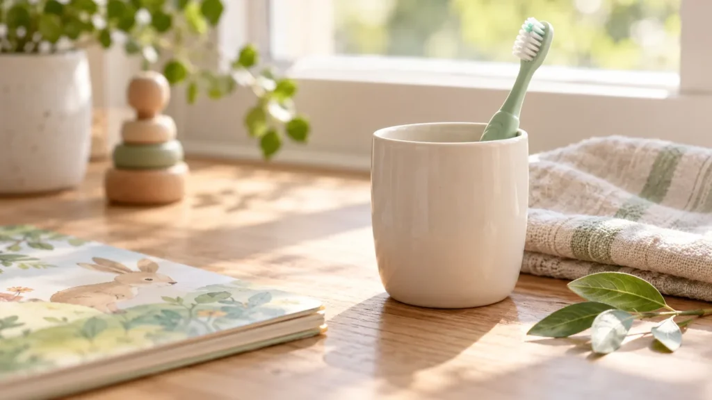 Une brosse à dents d’enfant et un livre illustré dans une lumière douce