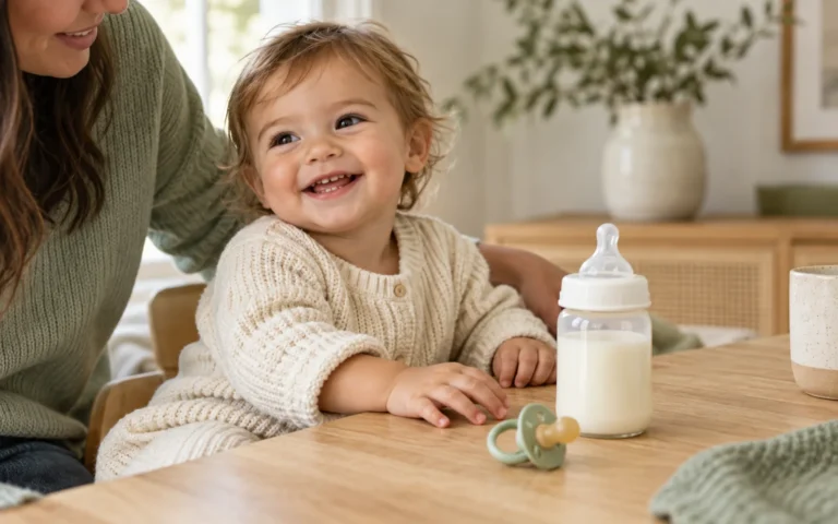Un tout-petit fictif partage un moment calme avec un parent près d’un biberon et d’une tétine